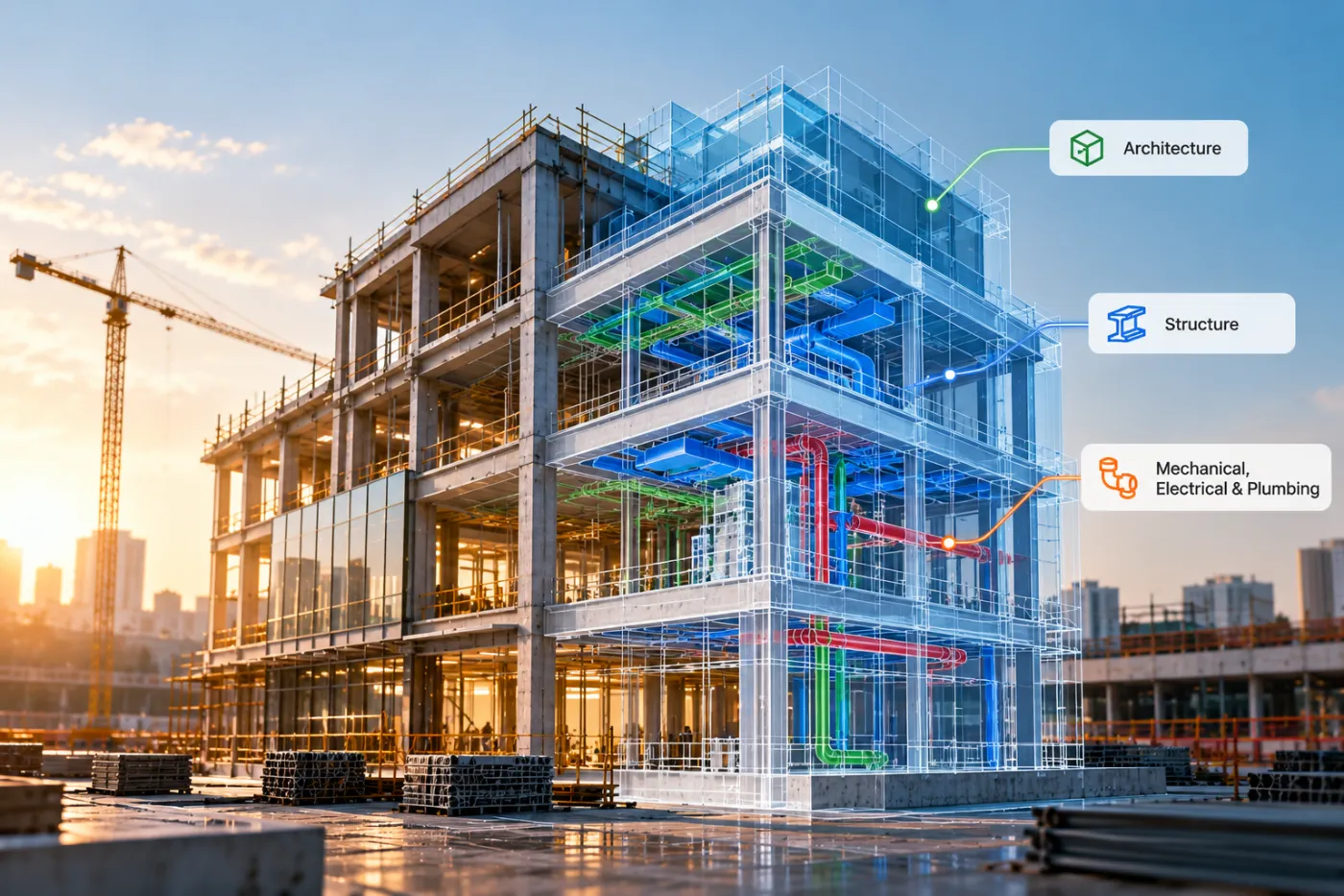 Building under construction overlaid with its coordinated BIM model — architecture, structure and MEP services