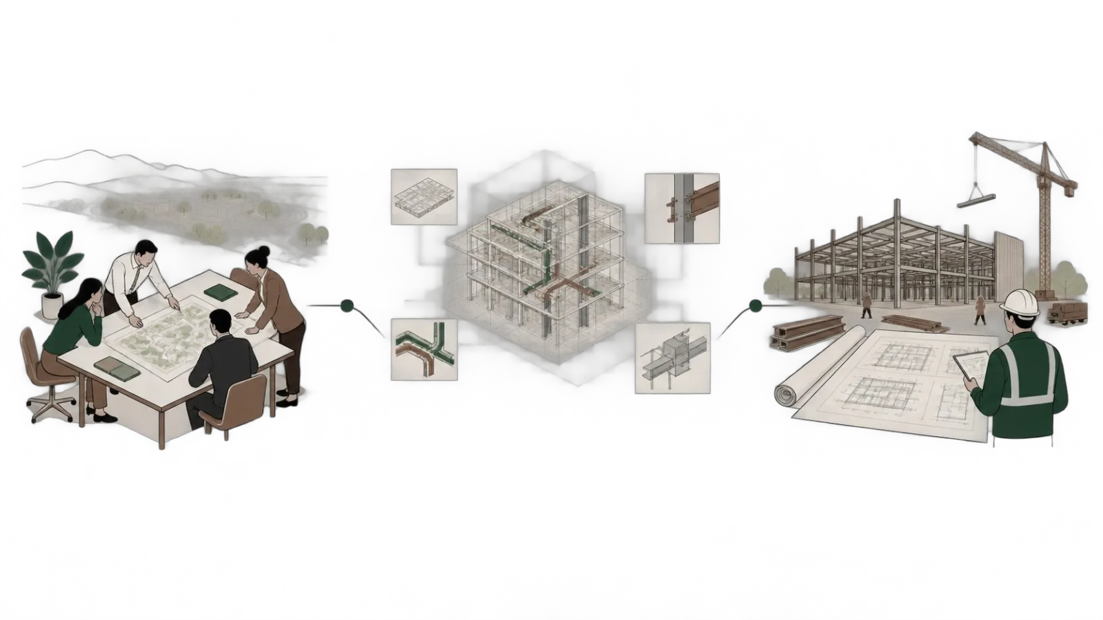 Project journey: planning discussions, coordinated building design, and construction on site.